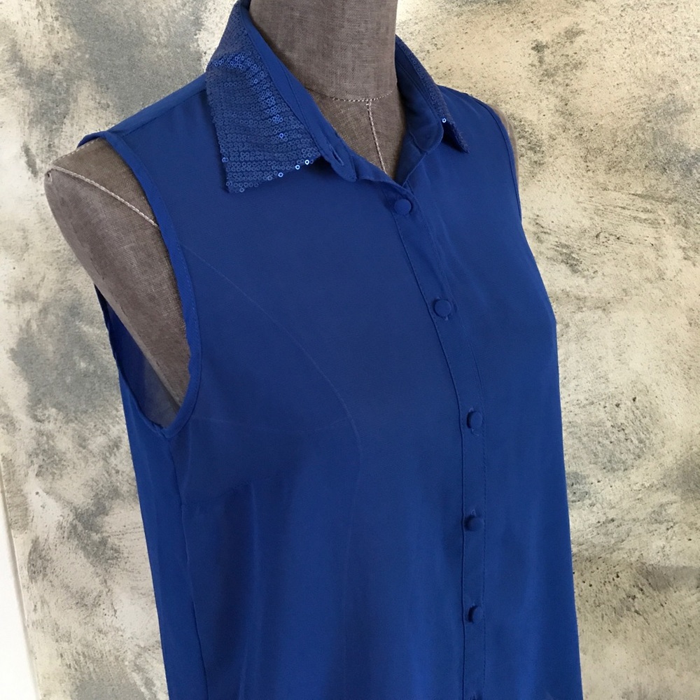 NWT Forever 21 Cobalt Blue Sequin Collar Sleeveless Button Down Blouse S - Picture 5 of 7